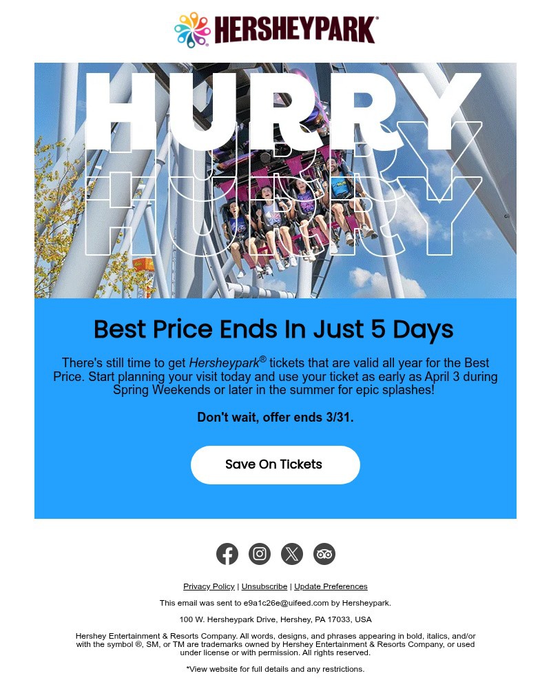 Screenshot of email sent to a Hershey Park Newsletter subscriber
