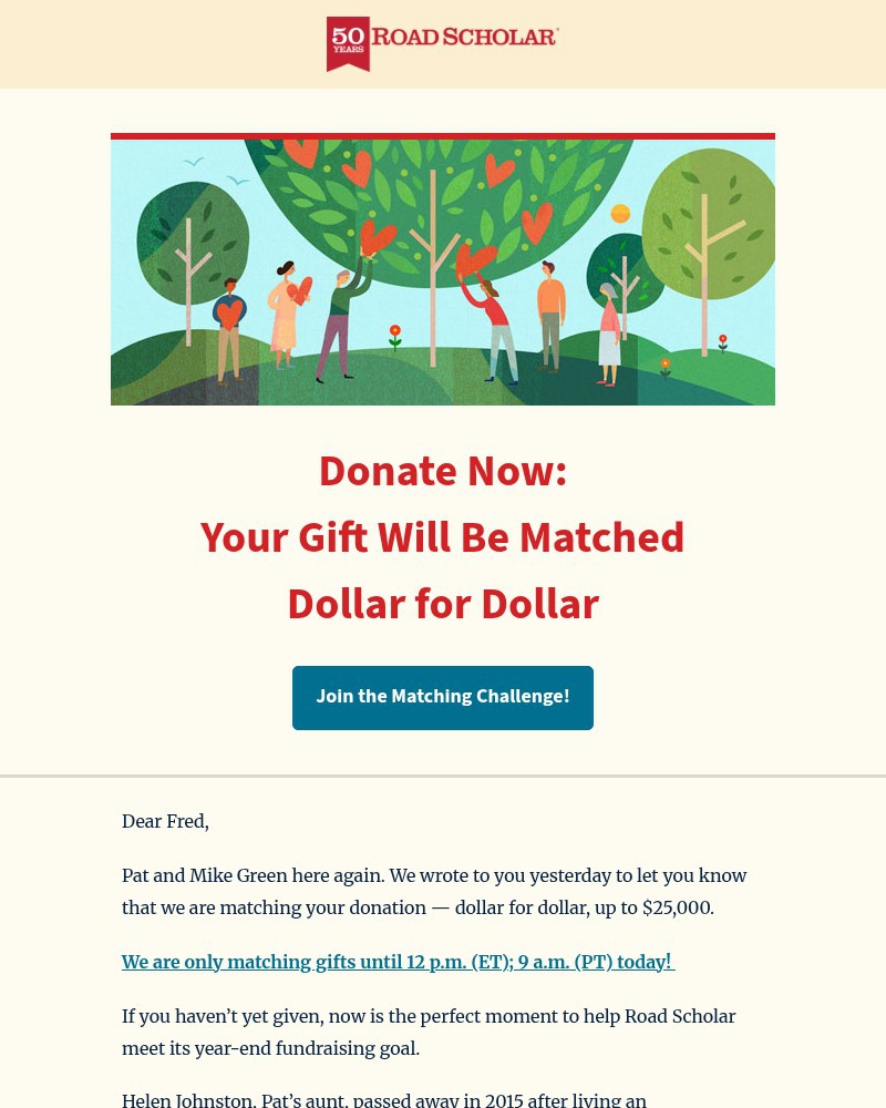 Screenshot of email sent to a Road Scholar Newsletter subscriber