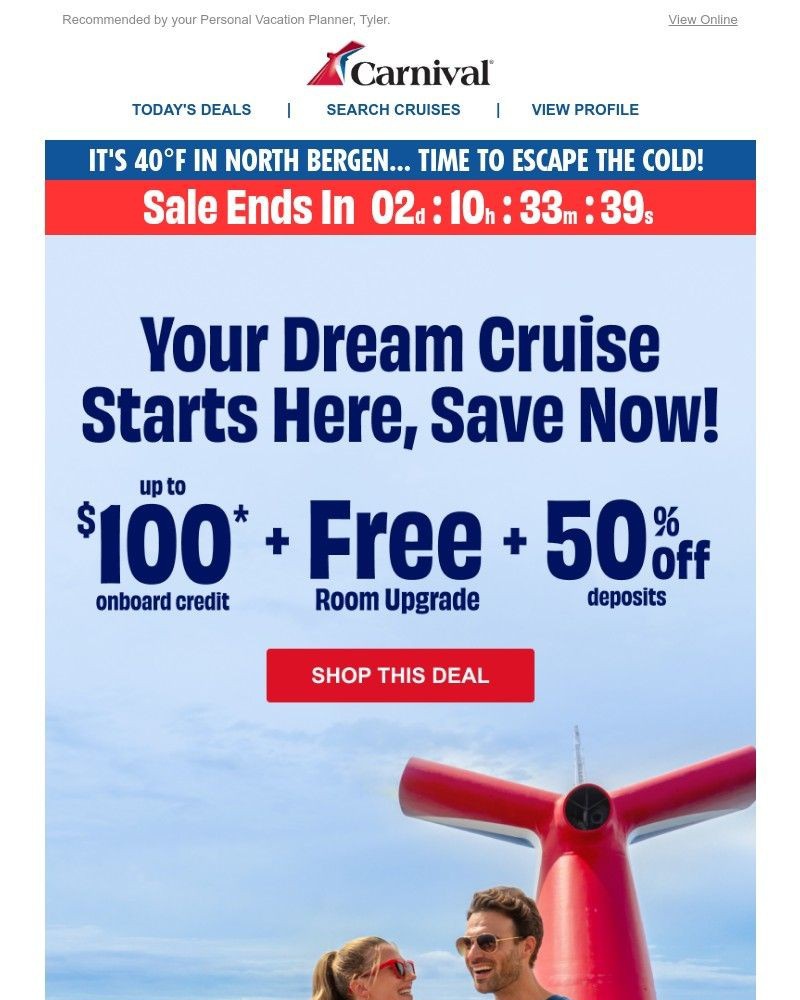 Screenshot of email sent to a Carnival Cruise Line Registered user