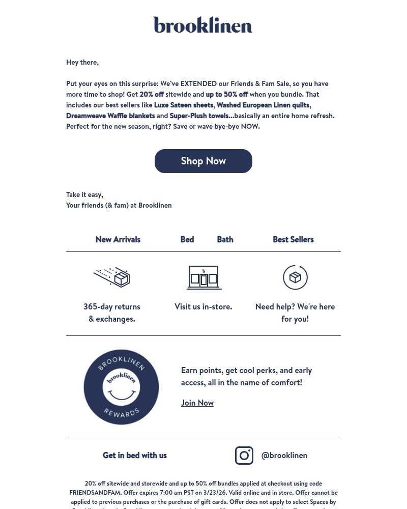 Screenshot of email sent to a Brooklinen Newsletter subscriber