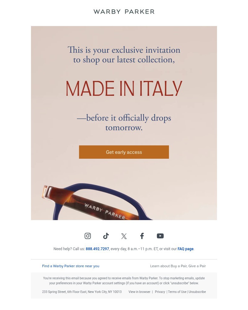 Screenshot of email sent to a Warby Parker Newsletter subscriber