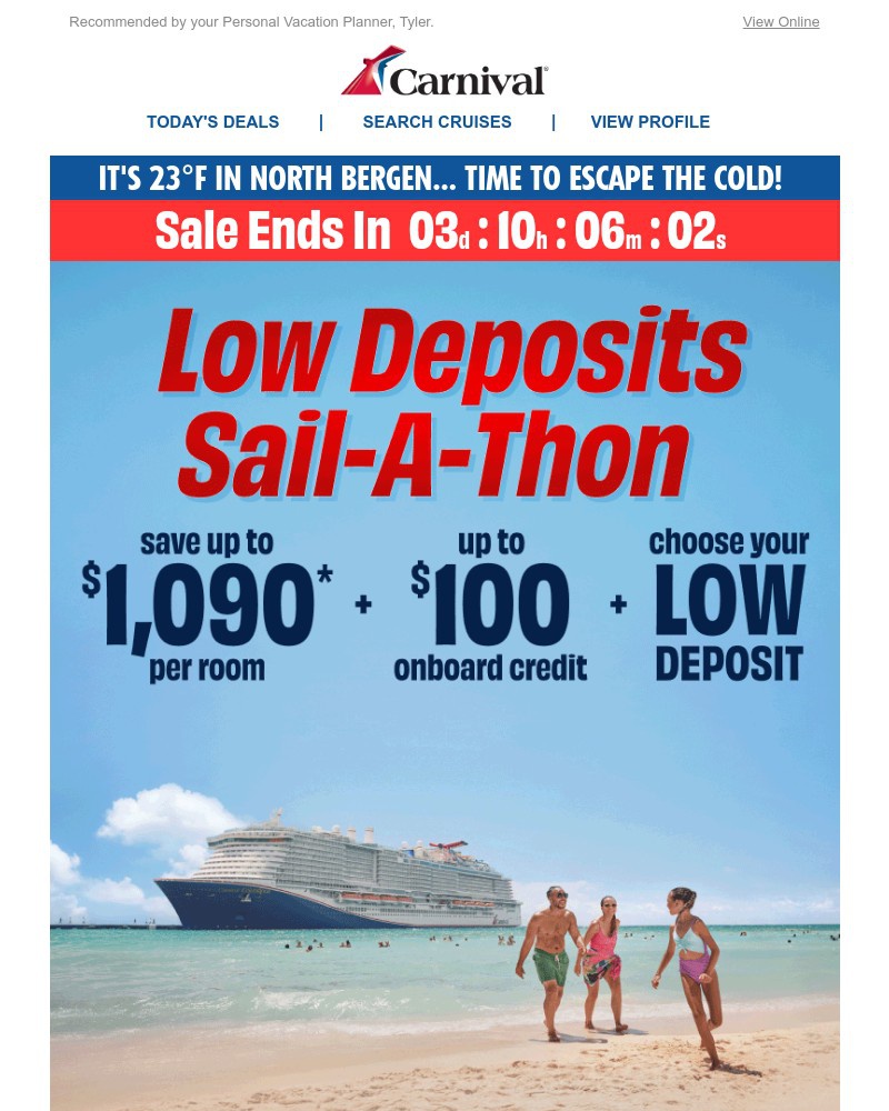 Screenshot of email sent to a Carnival Cruise Line Registered user