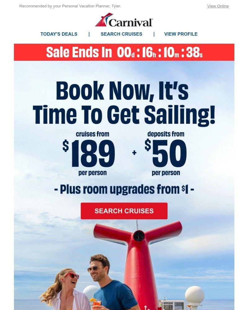 Screenshot of email sent to a Carnival Cruise Line Registered user