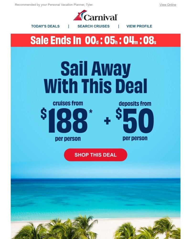 Screenshot of email sent to a Carnival Cruise Line Registered user