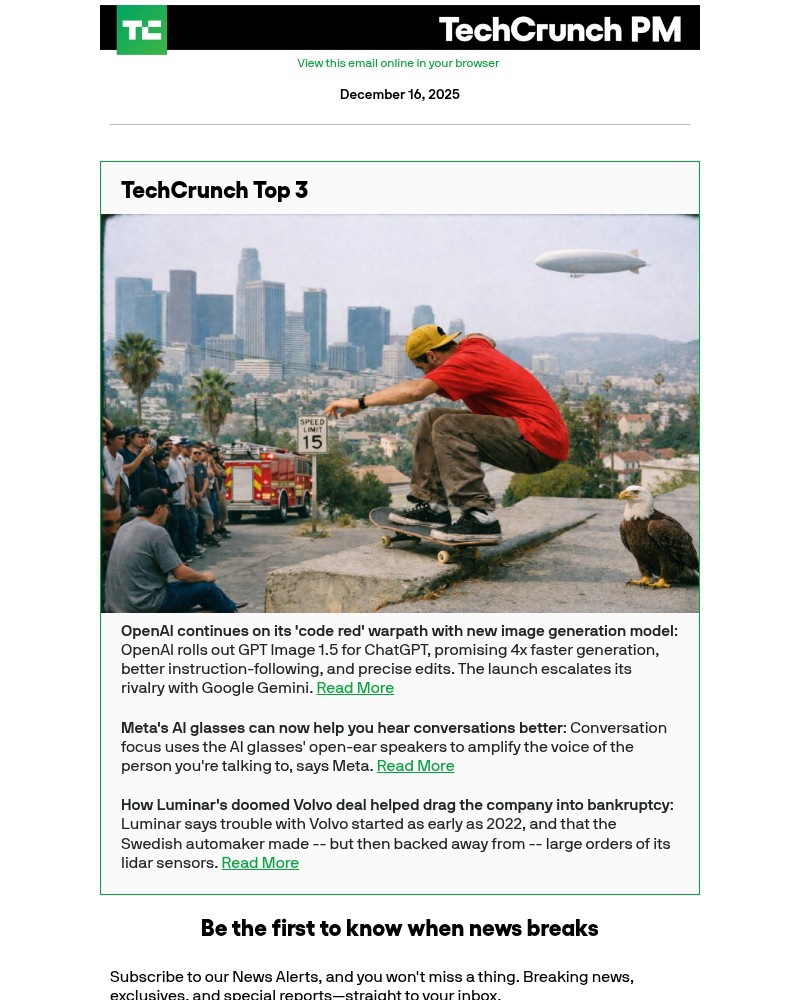 Screenshot of email sent to a Techcrunch Newsletter subscriber