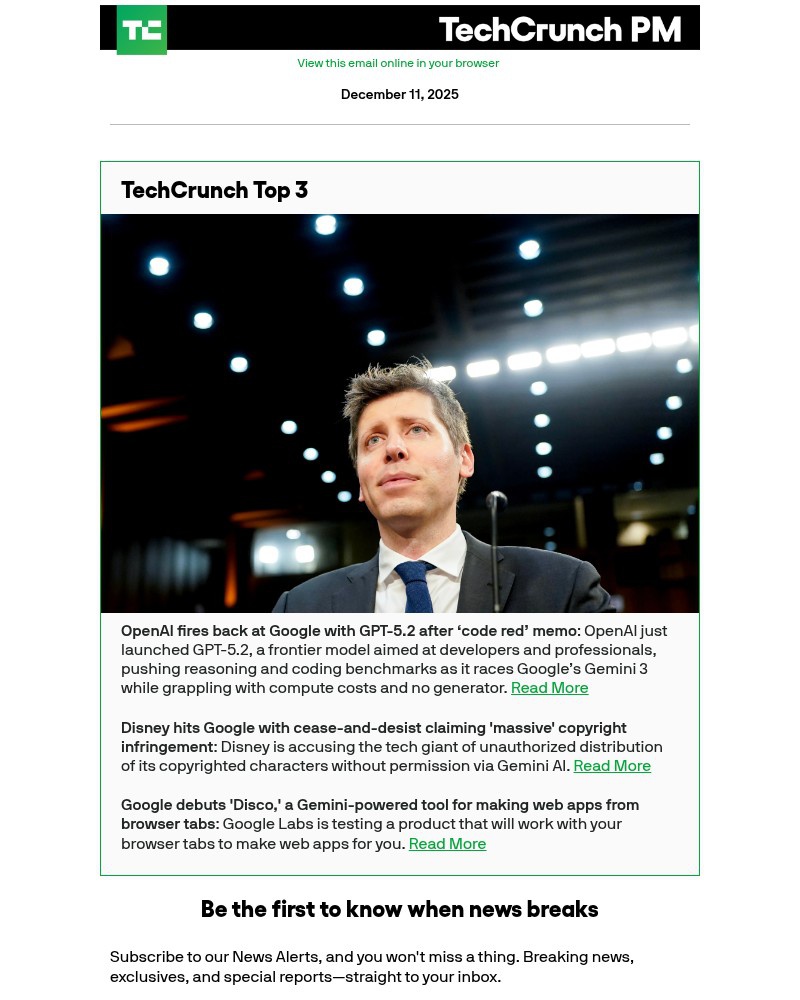 Screenshot of email sent to a Techcrunch Newsletter subscriber