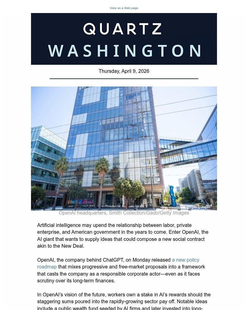 Screenshot of email sent to a Quartz Newsletter subscriber