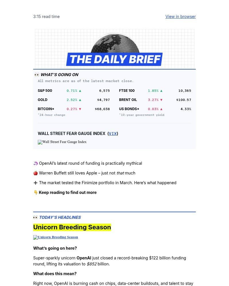 Screenshot of email sent to a Finimize Registered user