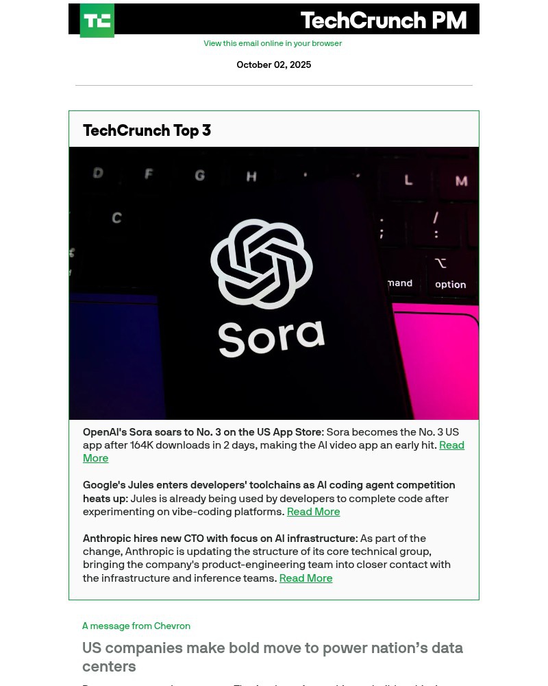 Screenshot of email with subject /media/emails/openais-sora-soars-to-no-3-on-the-us-app-store-afc717-cropped-c6ce5e4e.jpg