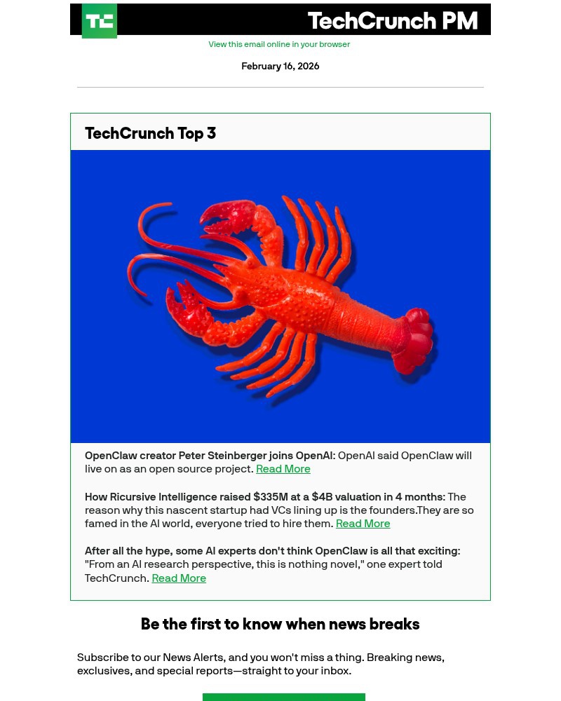 Screenshot of email sent to a Techcrunch Newsletter subscriber