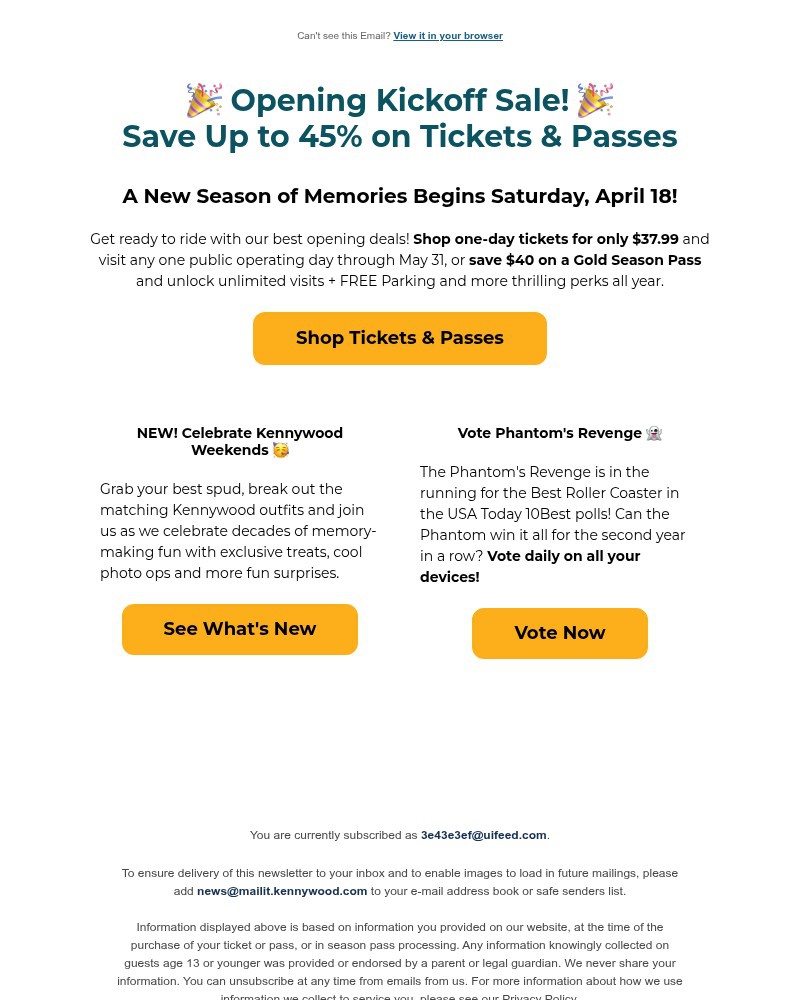 Screenshot of email sent to a Kennywood Newsletter subscriber