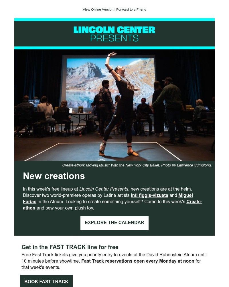 Screenshot of email sent to a Lincoln Center for the Performing Arts Newsletter subscriber