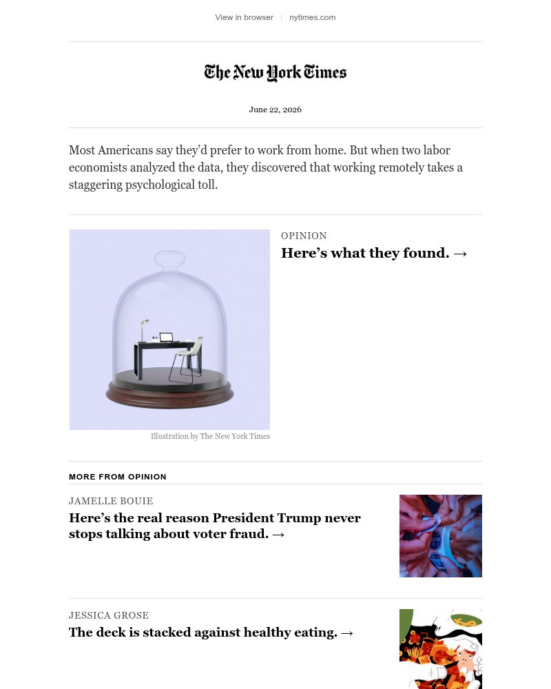Screenshot of email sent to a The New York Times Customer