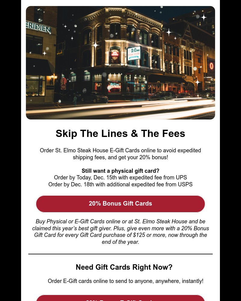 Screenshot of email sent to a St Elmo Steakhouse Newsletter subscriber