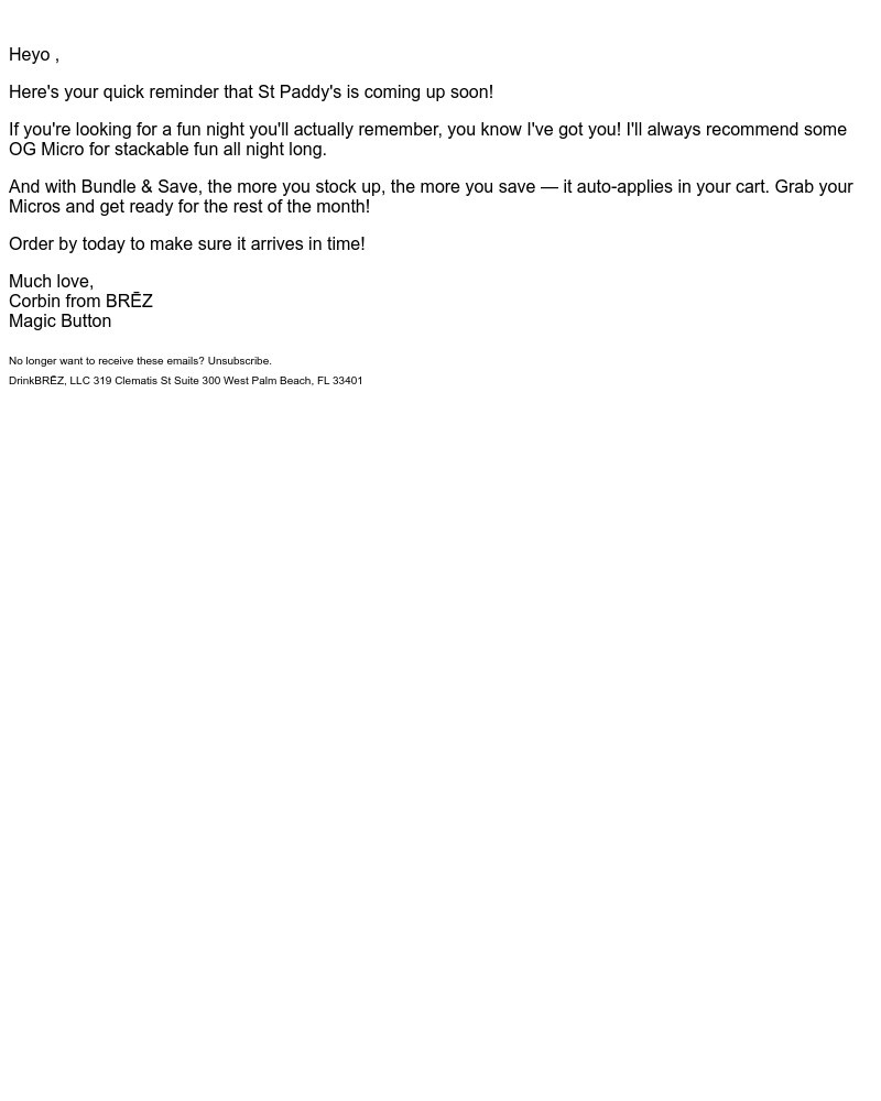 Screenshot of email sent to a Brez Newsletter subscriber