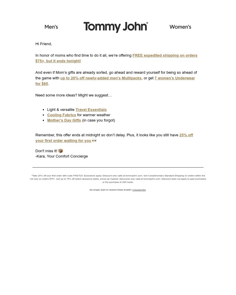 Screenshot of email sent to a Tommy John Newsletter subscriber