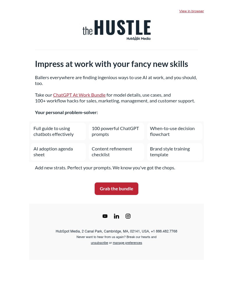 Screenshot of email sent to a The Hustle Newsletter subscriber