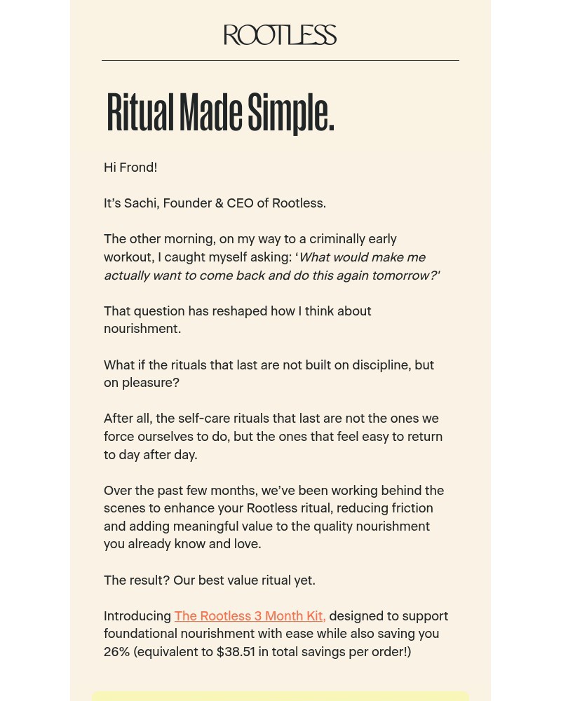 Screenshot of email sent to a Rootless Newsletter subscriber