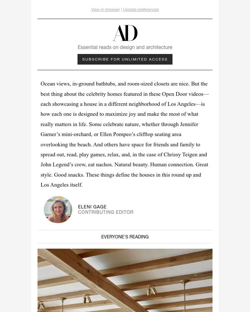 Screenshot of email sent to a Architectural Digest Newsletter subscriber