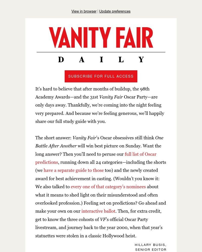 Screenshot of email sent to a Vanity Fair Newsletter subscriber