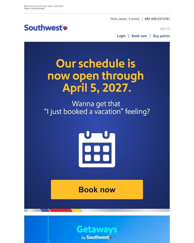 Screenshot of email sent to a Southwest Registered user