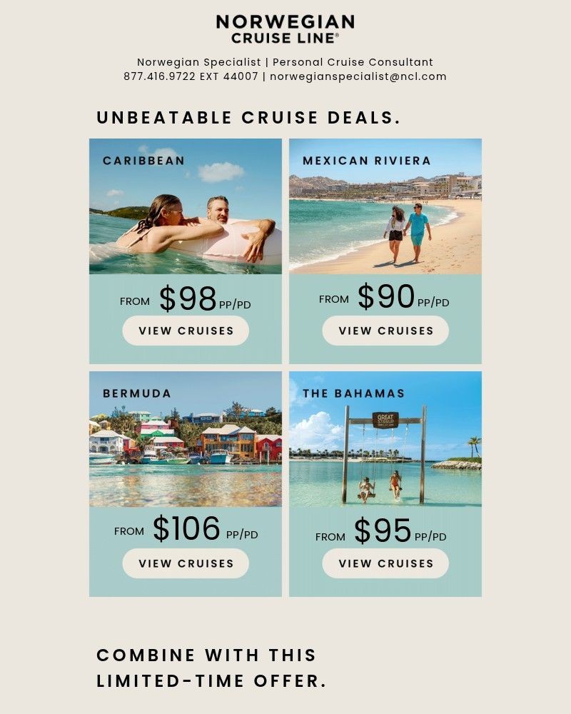Screenshot of email sent to a Norwegian Cruise Line Newsletter subscriber