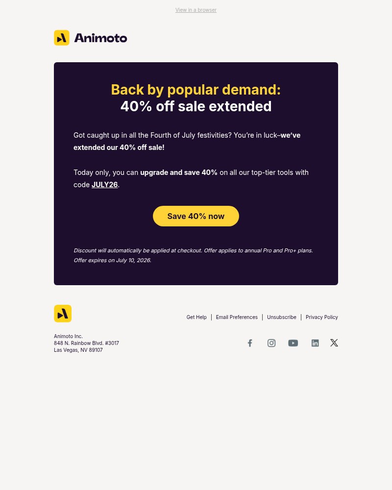 Screenshot of email sent to a Animoto Registered user