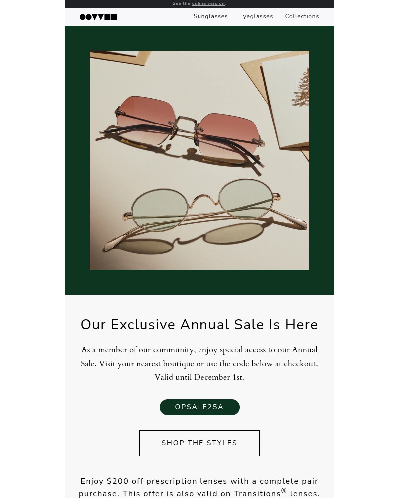 Screenshot of email sent to a Oliver Peoples Newsletter subscriber