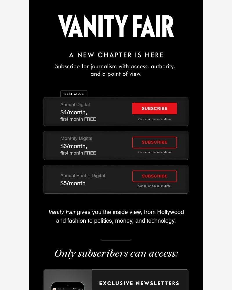 Screenshot of email sent to a Vanity Fair Newsletter subscriber
