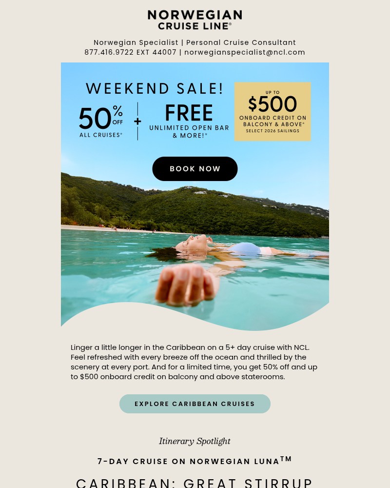 Screenshot of email sent to a Norwegian Cruise Line Newsletter subscriber