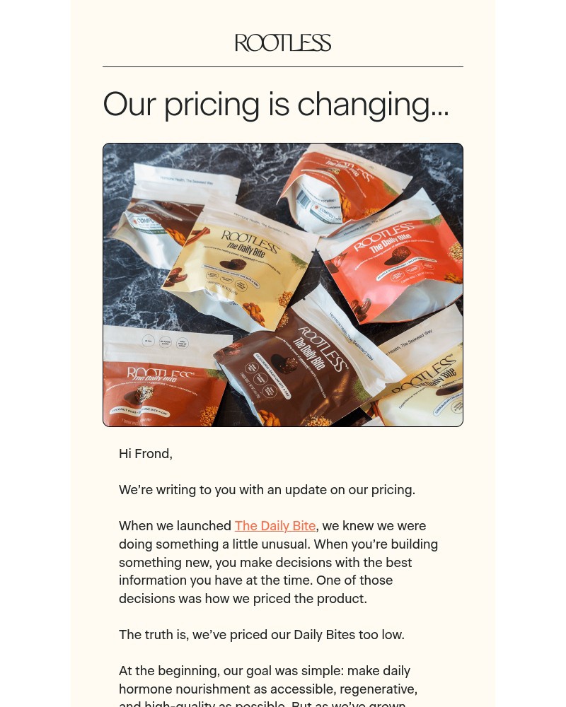 Screenshot of email sent to a Rootless Newsletter subscriber