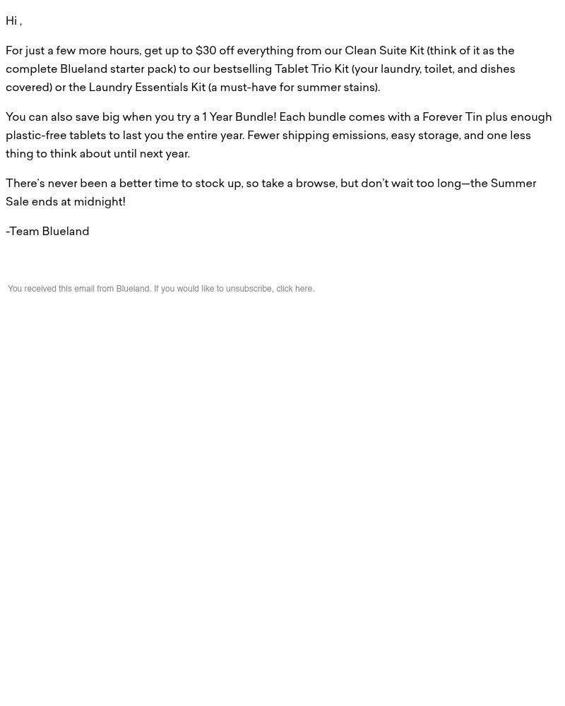 Screenshot of email sent to a Blueland Newsletter subscriber