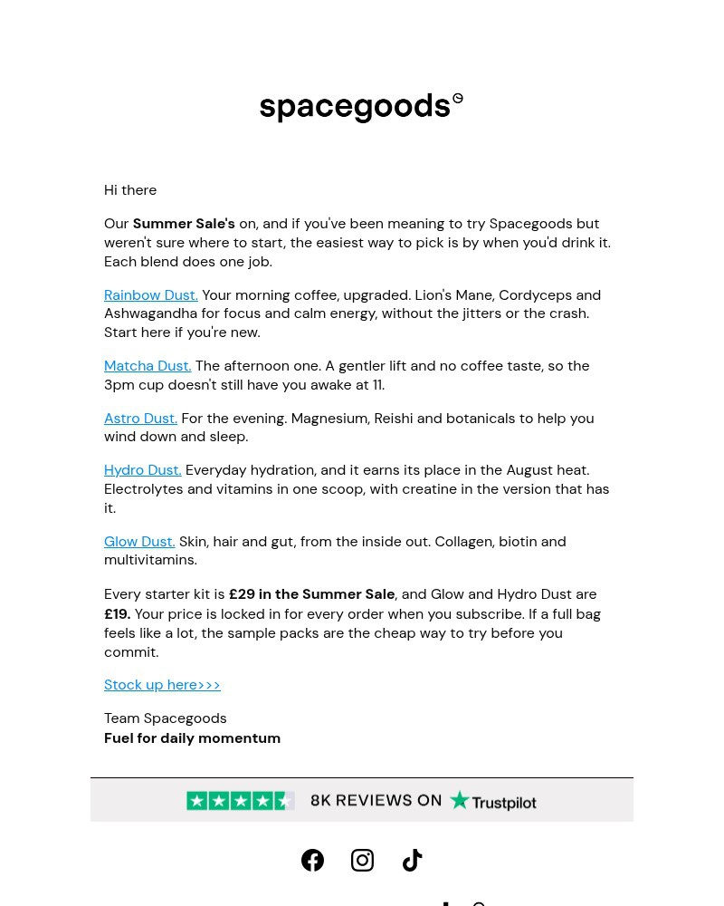 Screenshot of email sent to a Spacegoods Newsletter subscriber