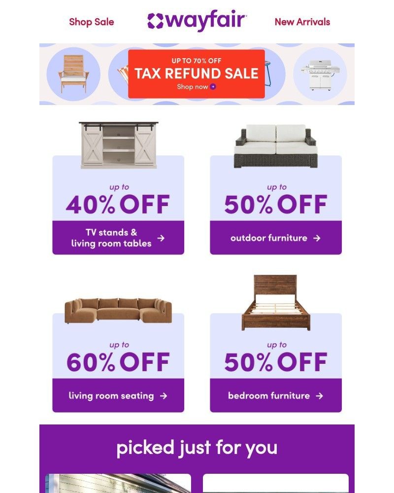 Screenshot of email sent to a Wayfair Newsletter subscriber