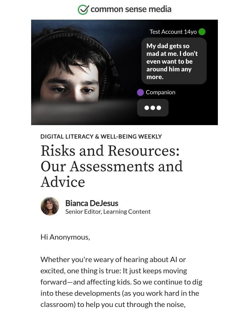 Screenshot of email sent to a Common Sense Newsletter subscriber