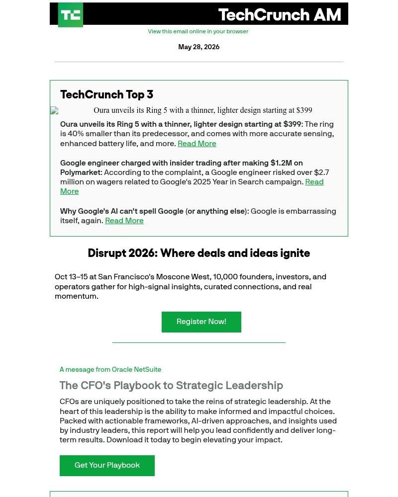 Screenshot of email sent to a Techcrunch Newsletter subscriber