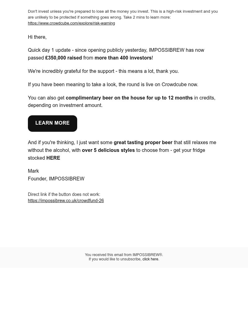 Screenshot of email sent to a Impossibrew Newsletter subscriber
