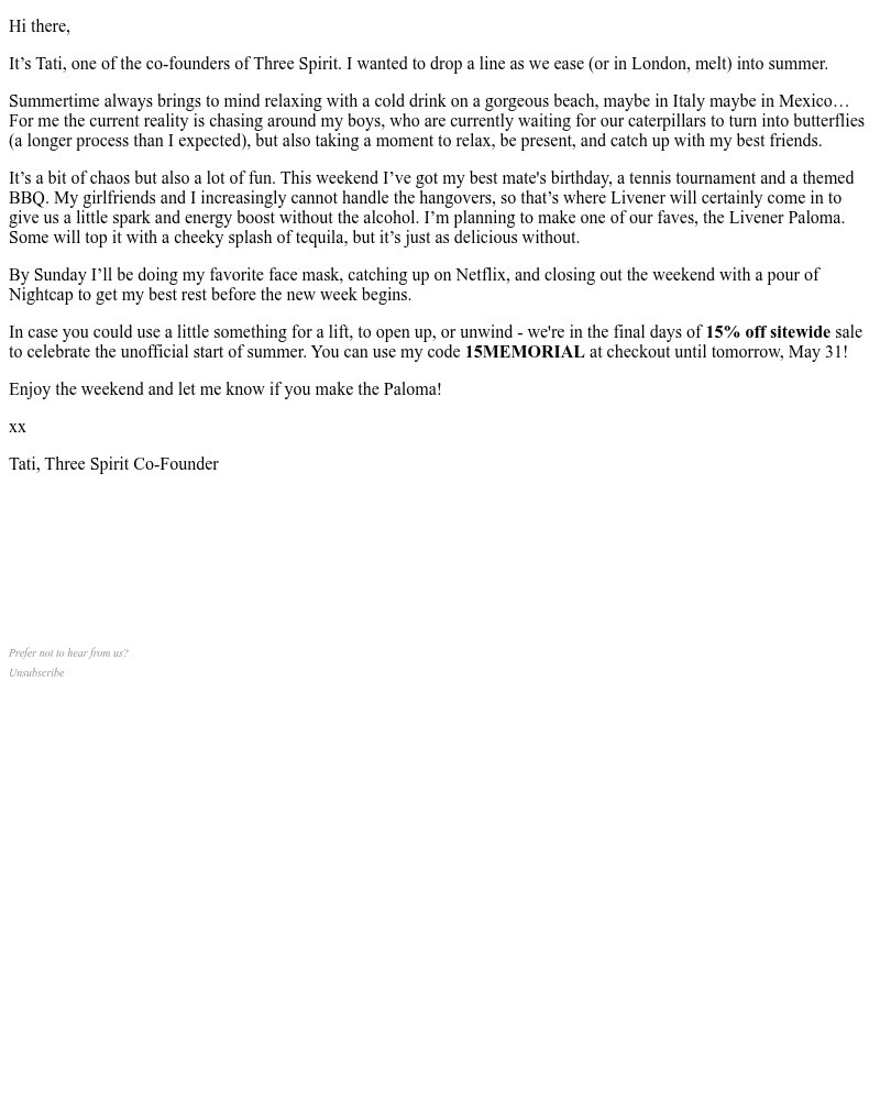 Screenshot of email sent to a Three Spirit Newsletter subscriber