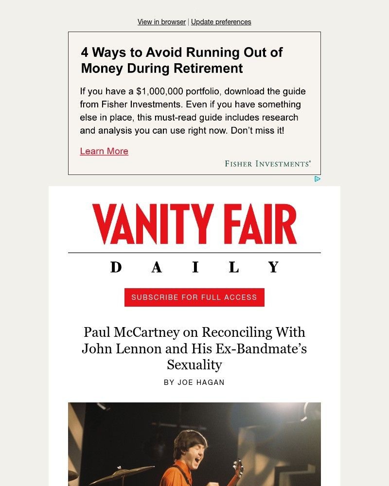 Screenshot of email sent to a Vanity Fair Newsletter subscriber