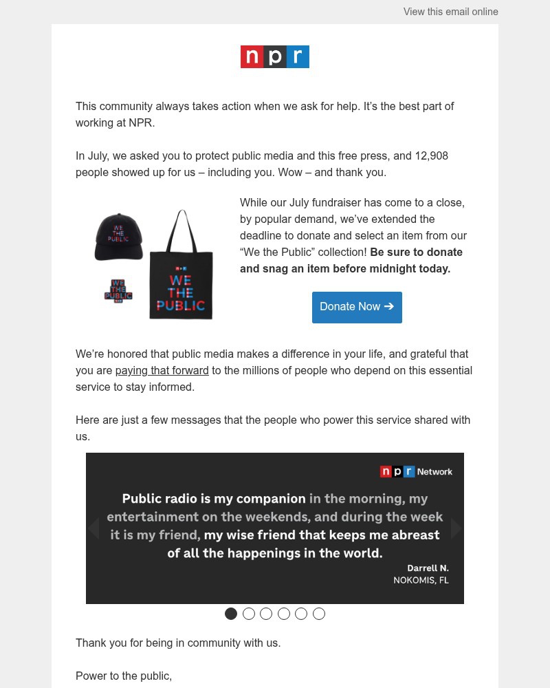 Screenshot of email sent to a NPR Newsletter subscriber