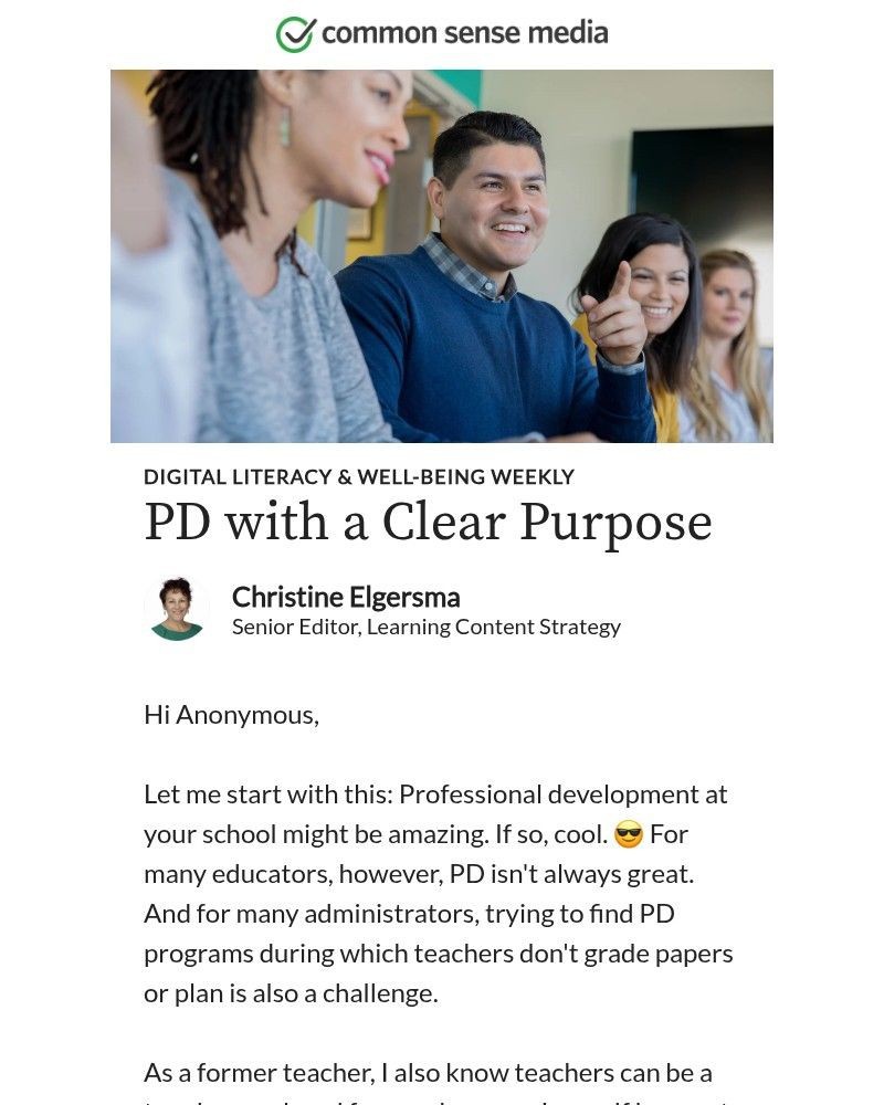 Screenshot of email sent to a Common Sense Newsletter subscriber