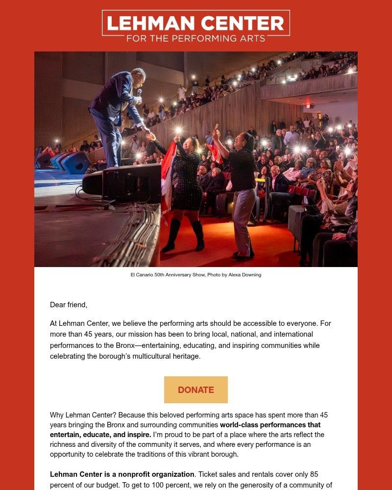 Screenshot of email sent to a Lehman Center for the Performing Arts Newsletter subscriber