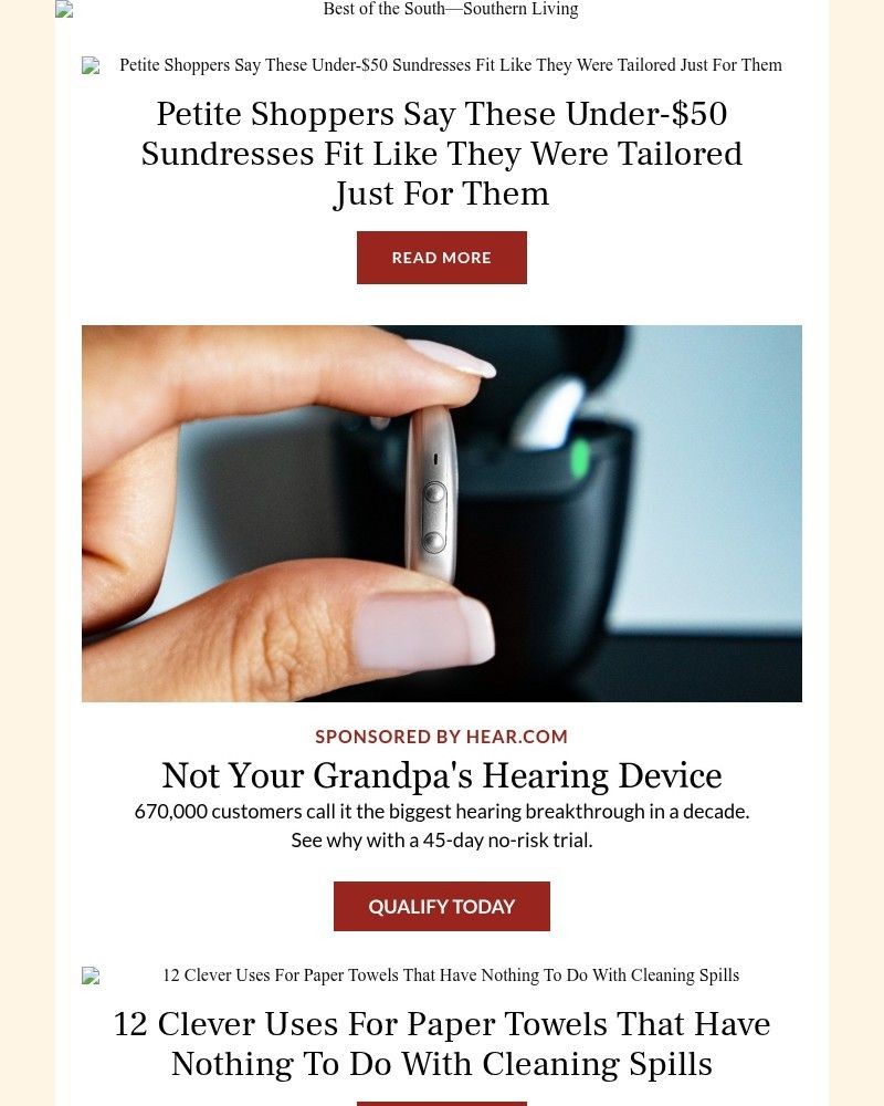Screenshot of email sent to a Southern Living Newsletter subscriber