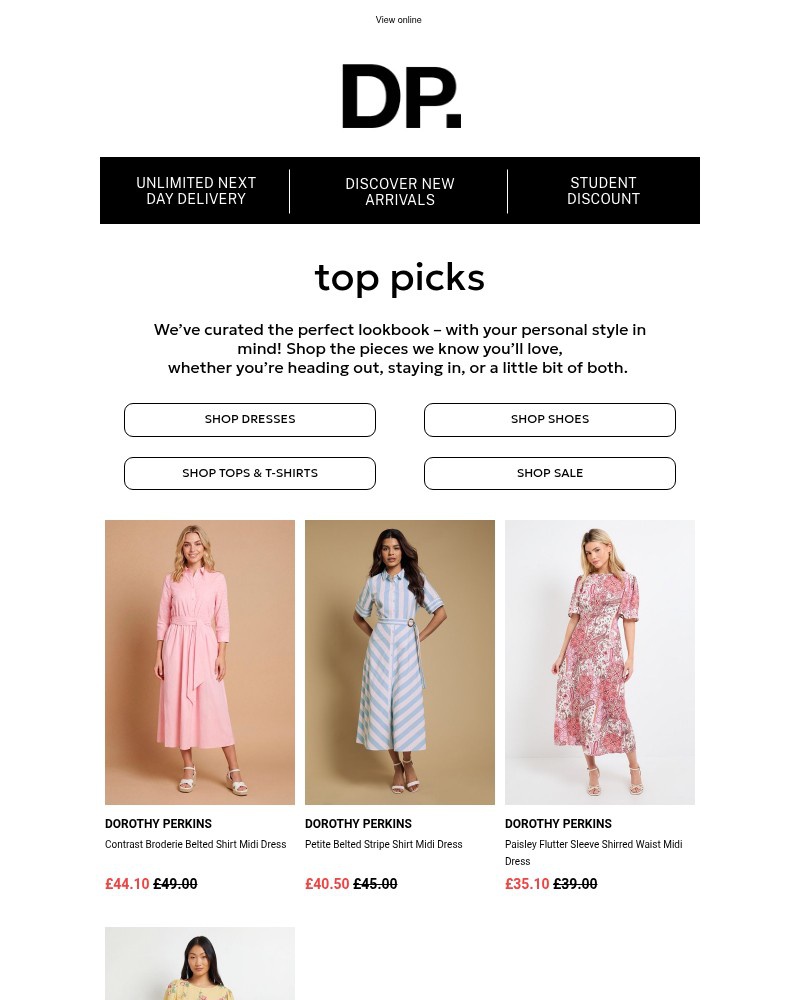 Screenshot of email sent to a Dorothy Perkins Newsletter subscriber