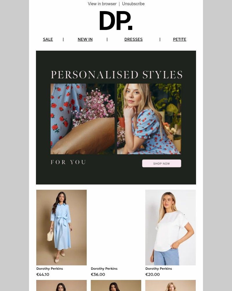 Screenshot of email sent to a Dorothy Perkins Newsletter subscriber