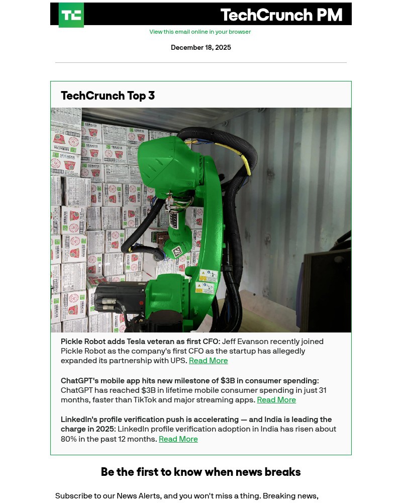Screenshot of email sent to a Techcrunch Newsletter subscriber