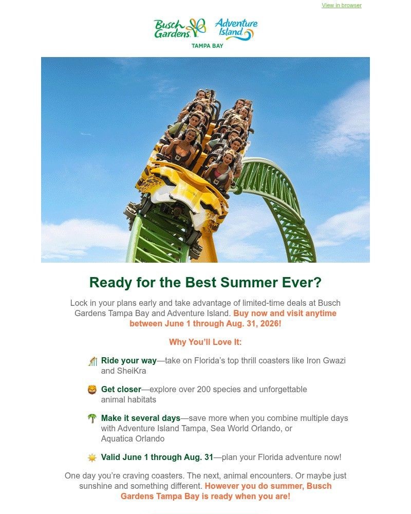 Screenshot of email sent to a Busch Gardens Newsletter subscriber