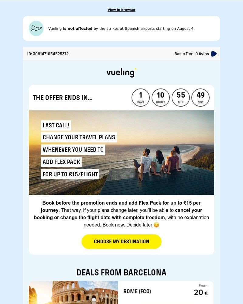 Screenshot of email sent to a Vueling Registered user
