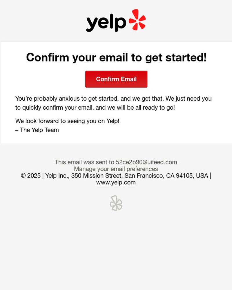 Screenshot of email sent to a Yelp Registered user