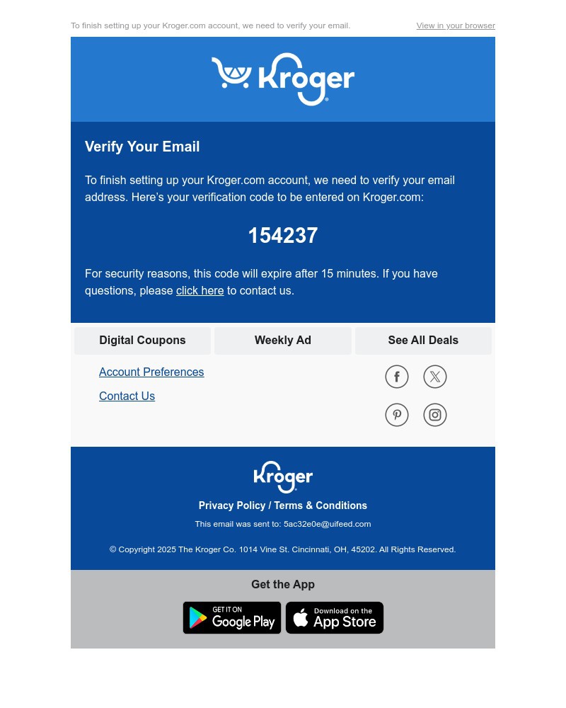 Screenshot of email sent to a Kroger Registered user